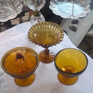 Indiana Glass Amber Compote and Pedestal Bowls Set